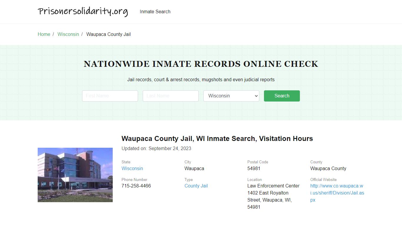 Waupaca County Jail, WI Inmate Search, Visitation Hours